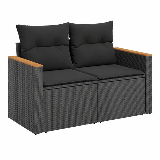 Gartensofa für 2 Personen mit Kissen, Schwarz, Poly-Rattan