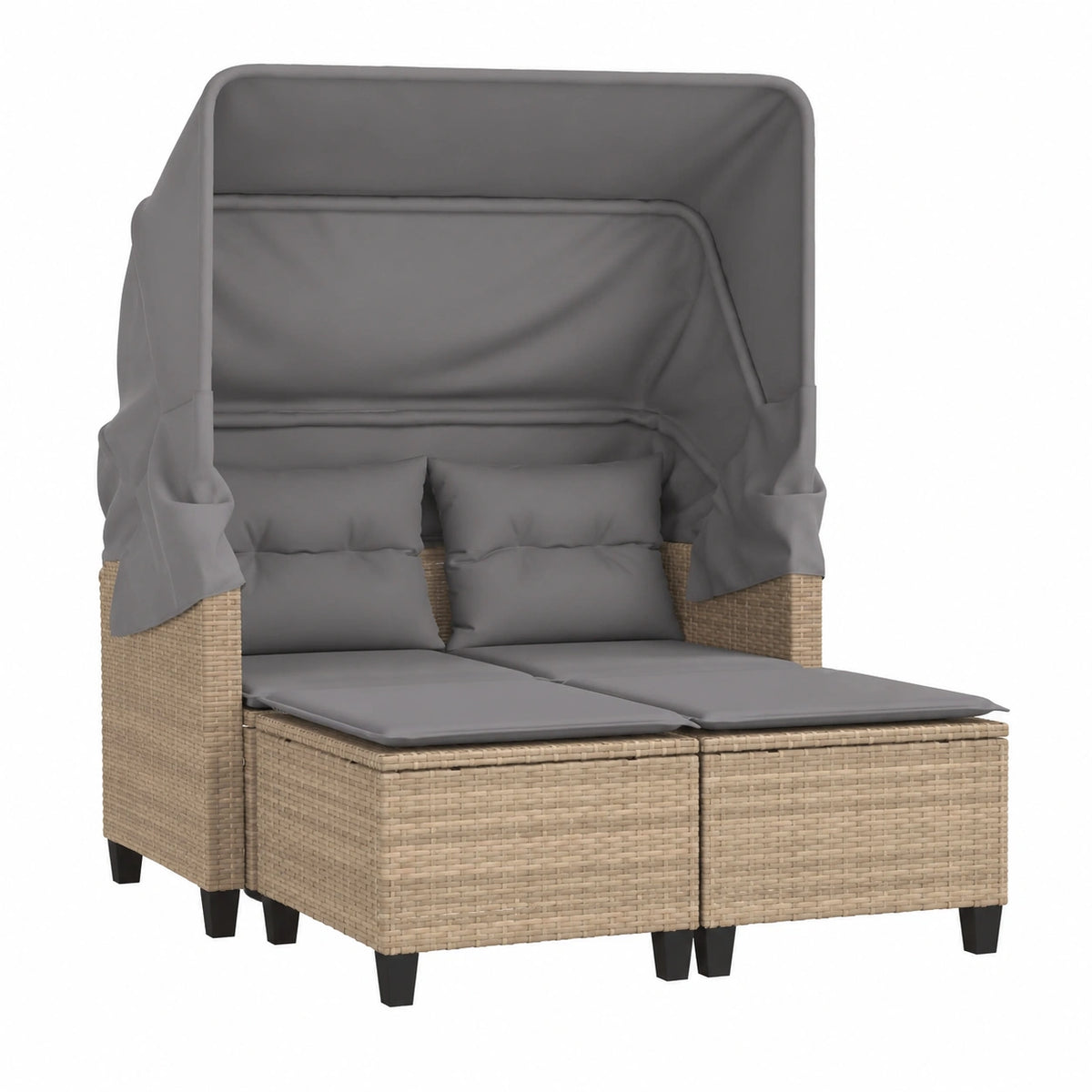 2-Sitzer Gartensofa aus Poly-Rattan mit Sonnendach und Hocker, Terrassenmöbel Set in Beige