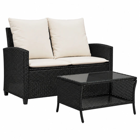 2-Sitzer Gartensofa aus Polyrattan mit Kissen und Tisch, Schwarz