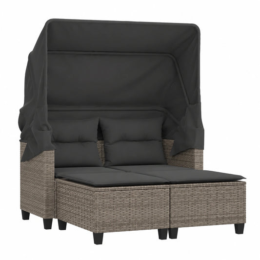 2-Sitzer Gartensofa mit Baldachin, Poly Rattan Lounge-Set für Terrasse, Grau