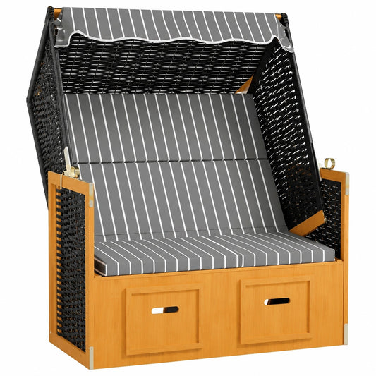 Doppelsitzer Strandkorb mit Dach aus Poly Rattan in Schwarz und Grau