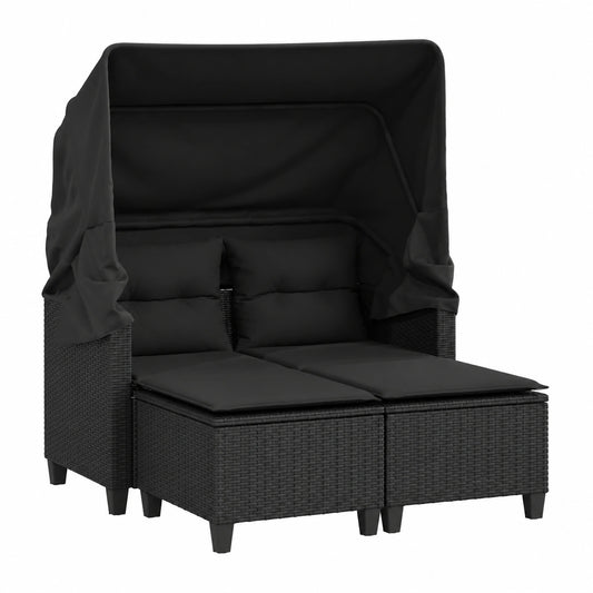 HUAKEHOM 2-Sitzer Gartenlounge mit Dach und Hocker, Poly-Rattan Terrassenmöbel, Schwarz