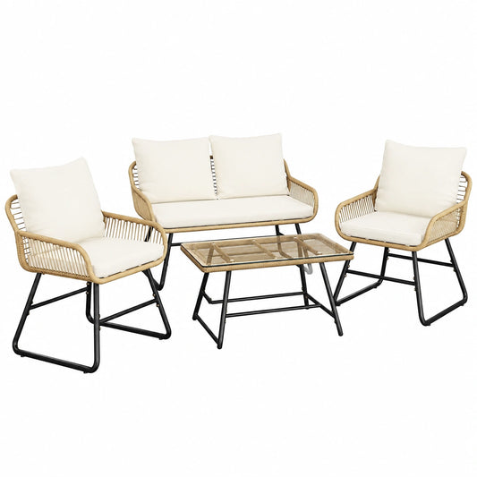 Yaheetech 4-teiliges Polyrattan Gartenloungeset mit Kissen, Wetterfeste Balkon- und Terrassenmöbel, Hellbraun und Cremeweiß