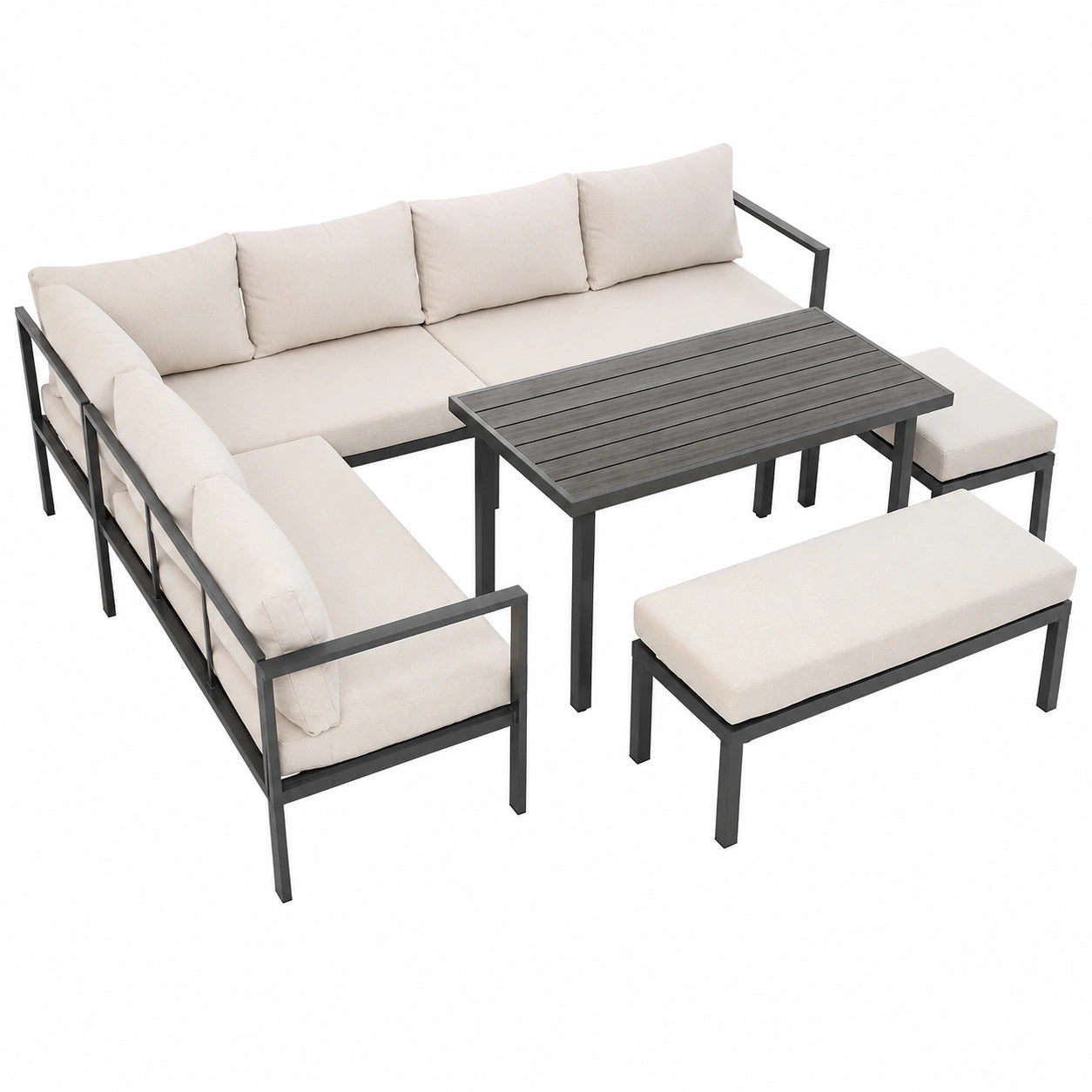 9-Personen Gartenmöbel-Set mit L-förmigem Sofa, Zweisitzer-Bänken und Tisch, Outdoor Sofa in Weiß inklusive Kissen
