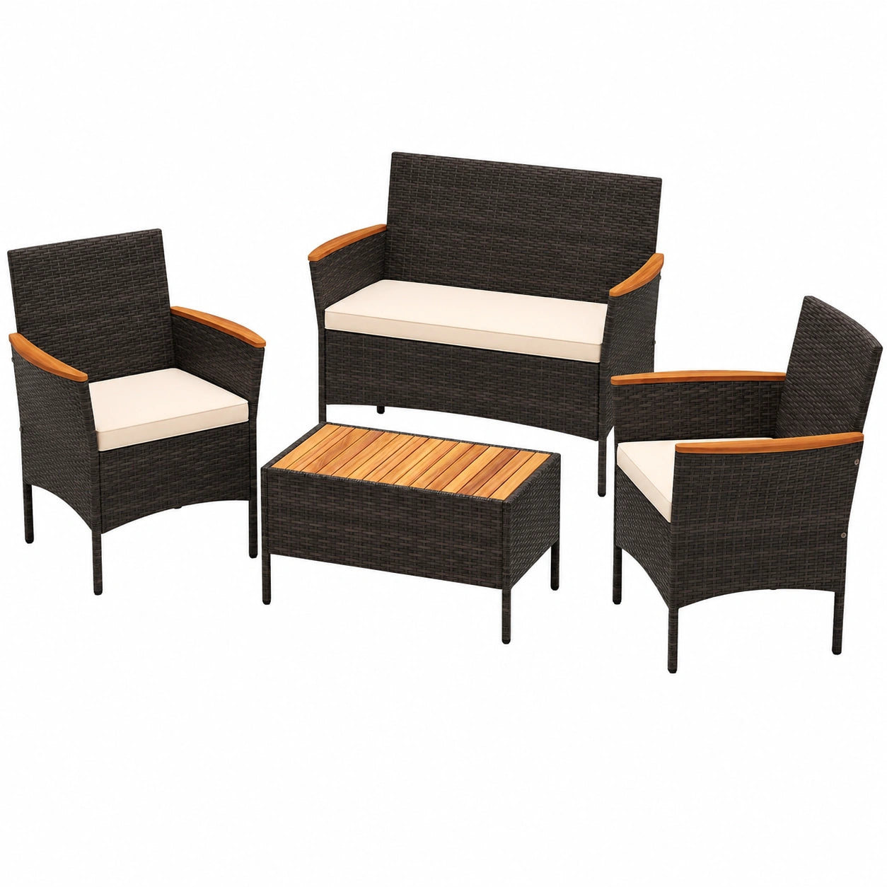 4-teilige Polyrattan Gartenmöbel mit Akazienholz, inklusive Couchtisch, Sessel und Sofa