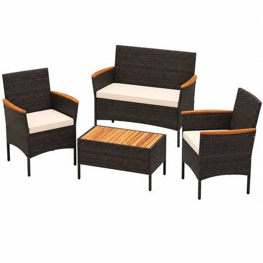 4-teilige Polyrattan Gartenmöbel mit Akazienholz, inklusive Couchtisch, Sessel und Sofa