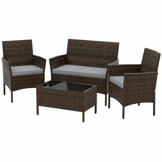 SOARS Rattan Gartenmöbel Set, 2 Sessel, Zweisitzer & Glastisch, Sitzgruppe für Terrasse & Balkon, inkl. Kissen (Braun/Grau)